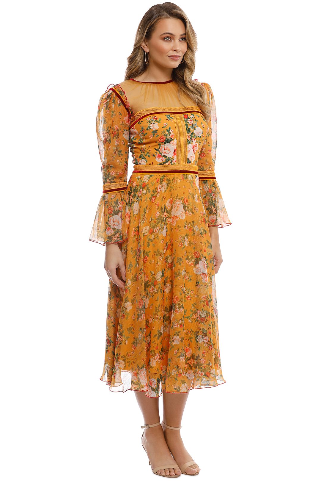 Tadashi Shoji - Toussaint Tea Length Dress - Mustard Yellow - Side