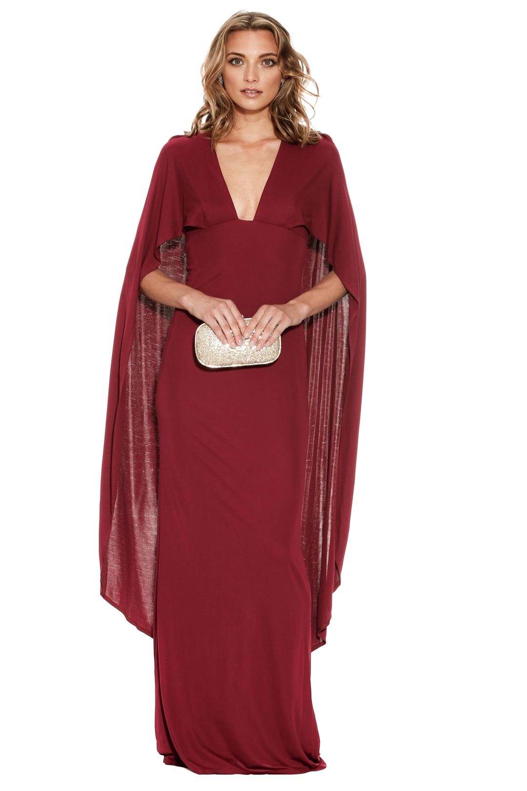 ABS by Allen Schwartz - Cyra Deep V Cape Gown - Wine Red - Front