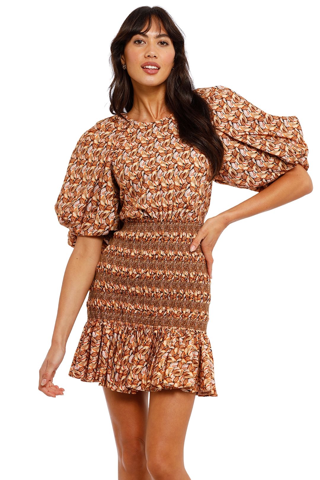 Acler Brookes Dress Neutral Leaves Short Sleeves