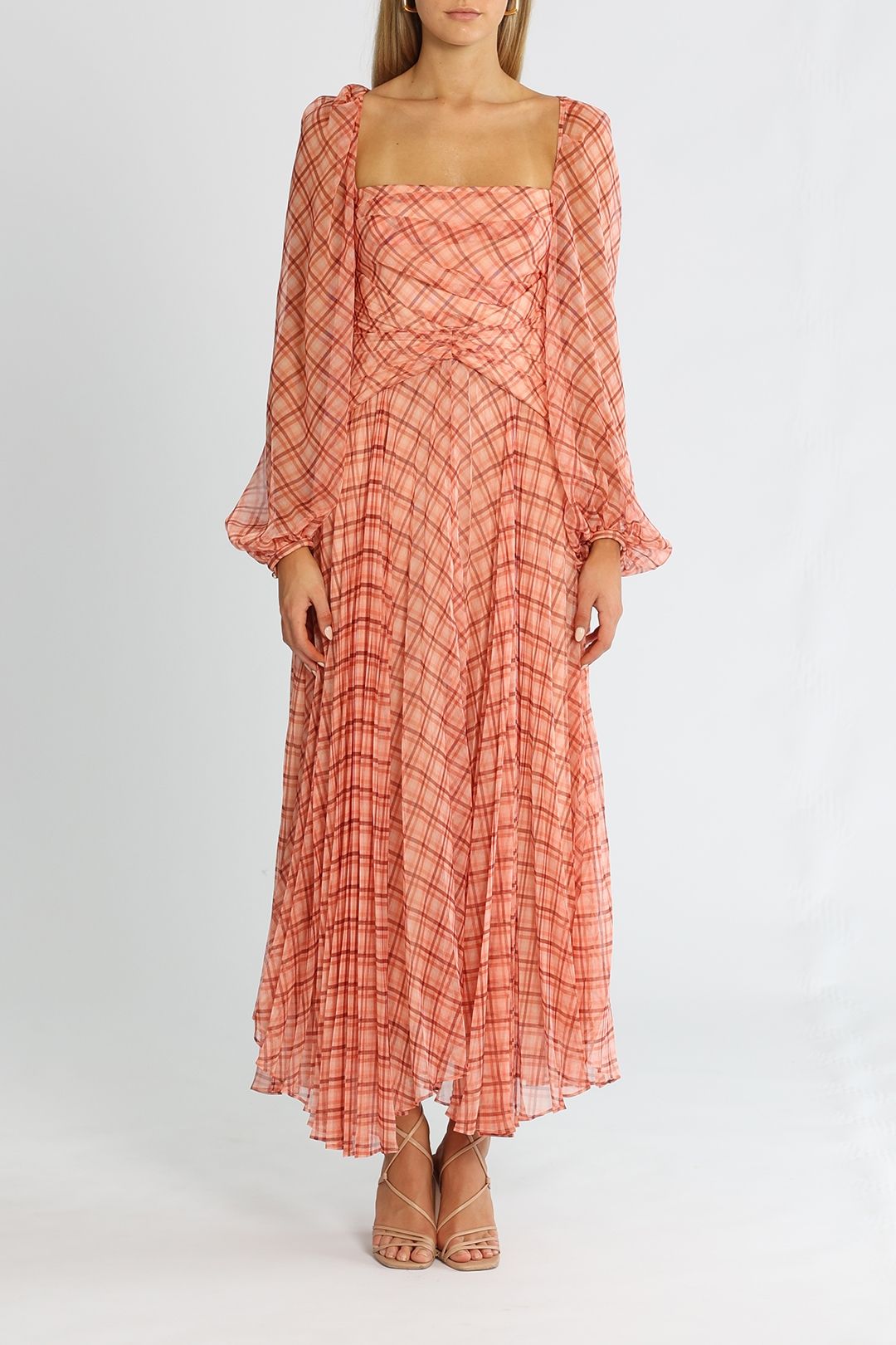 Acler Mattison Dress Peach Plaid Midi