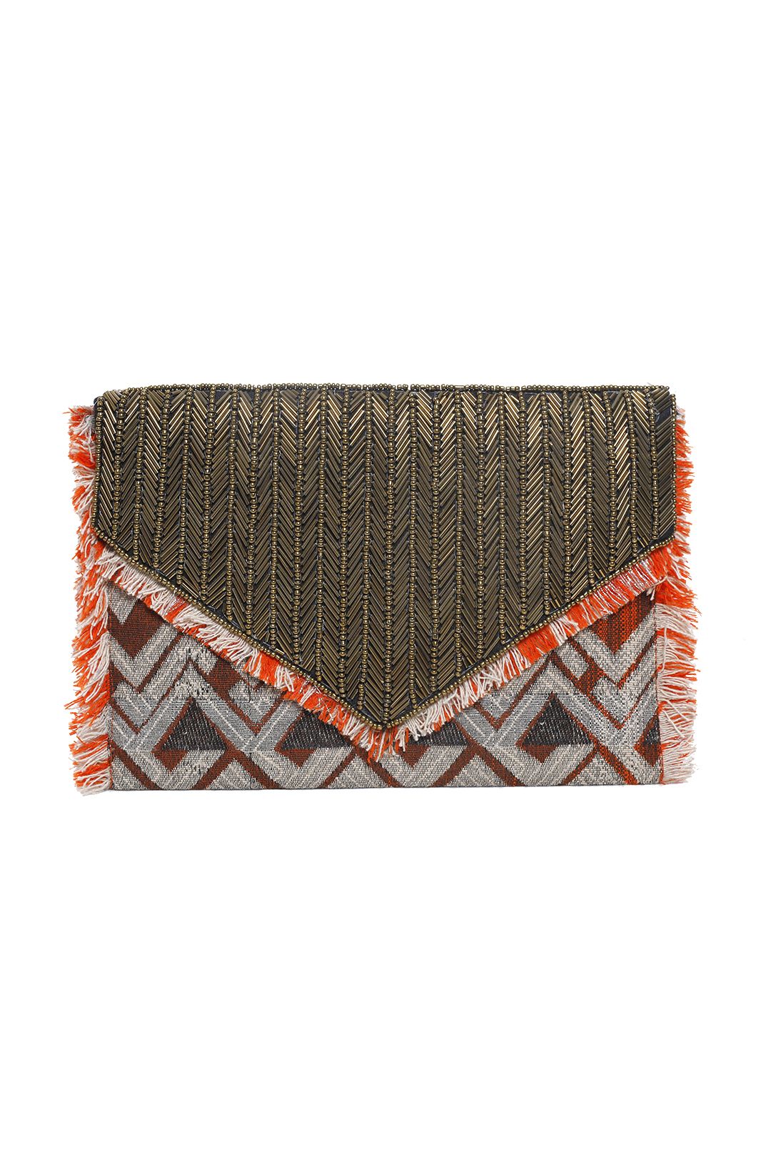 Adorne - Aztec Beaded Tassel Clutch - Orange - Front