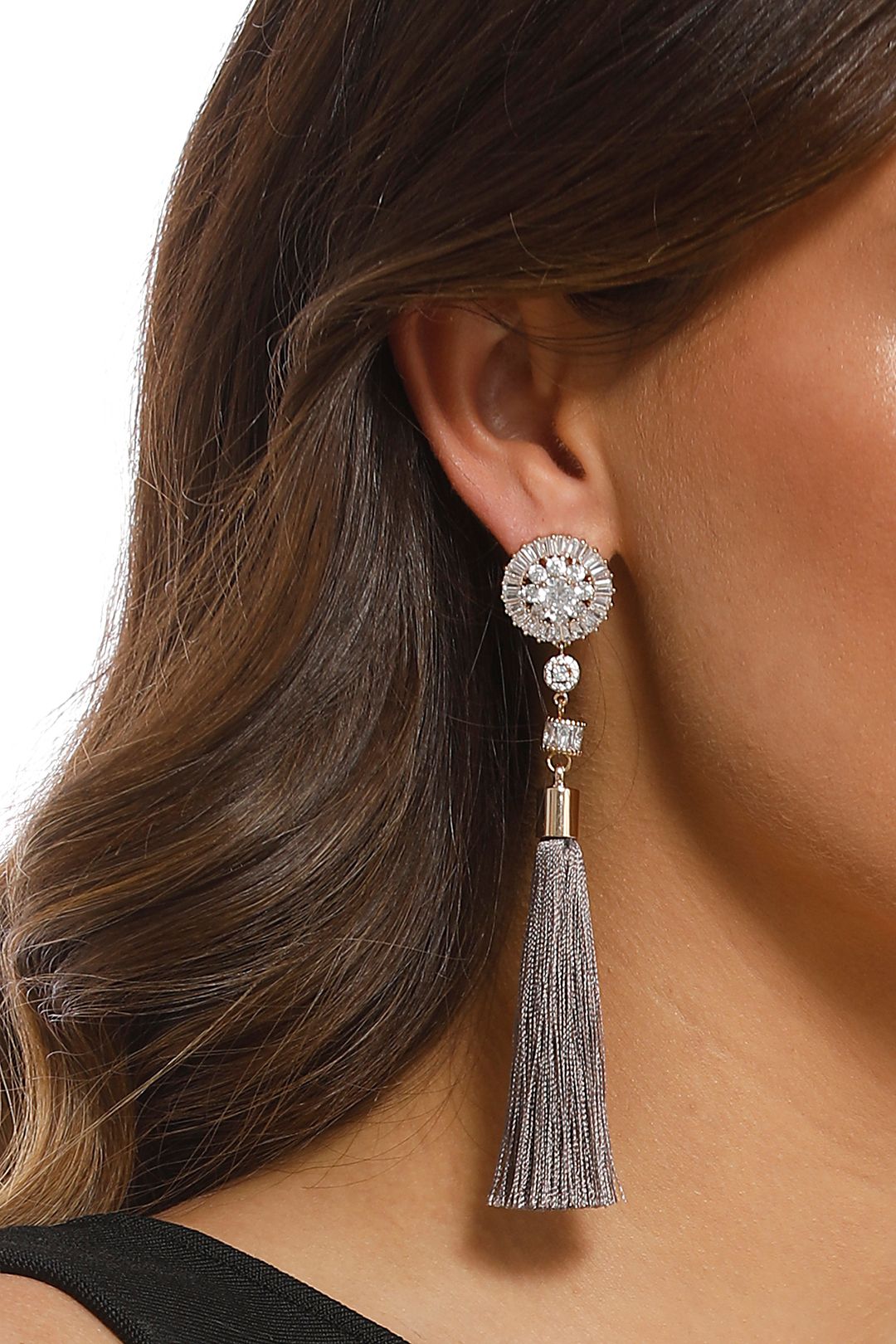 Adorne - Baguette Jewel Top Tassel Earrings - Gold Grey - Product