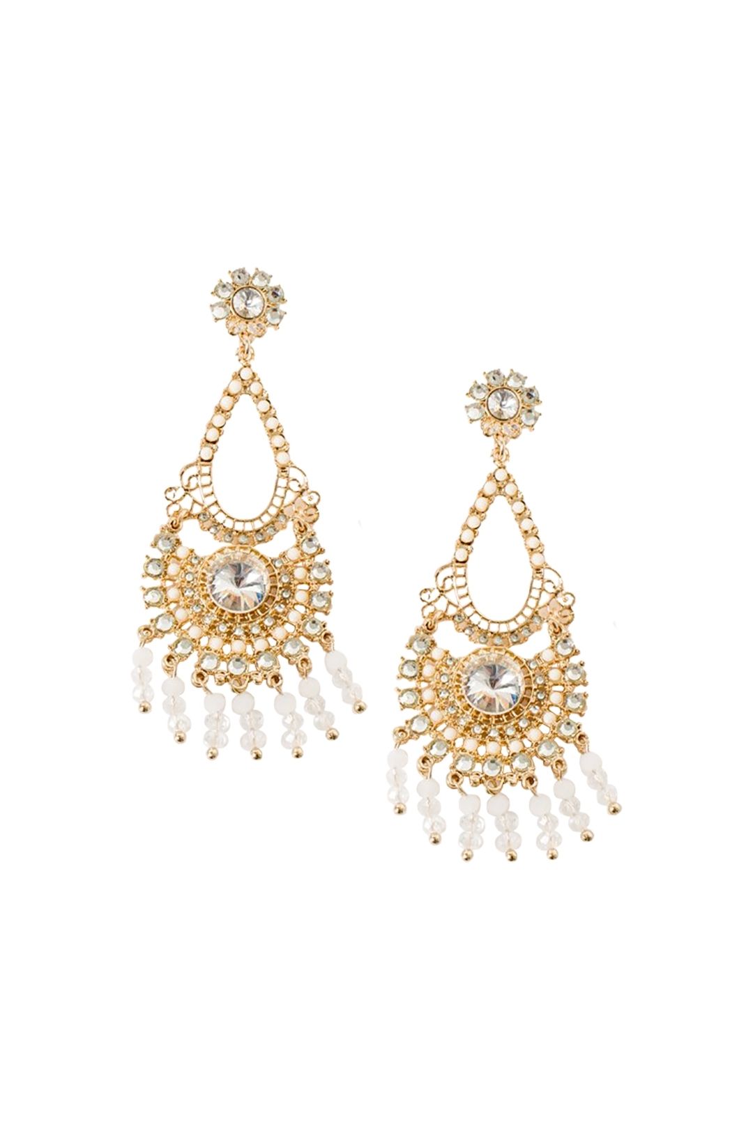 Adorne - Beaded Droplets Diamante Earring - White Gold - Front
