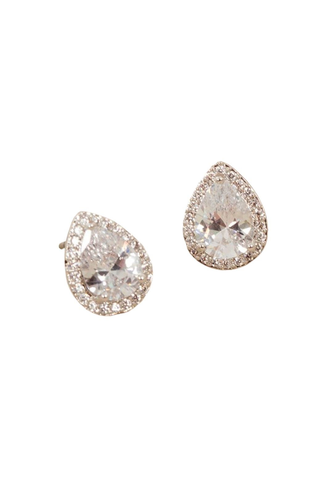 Adorne - CZ Diamante Edge Jewelled Pear Stud Earring - Silver - Front