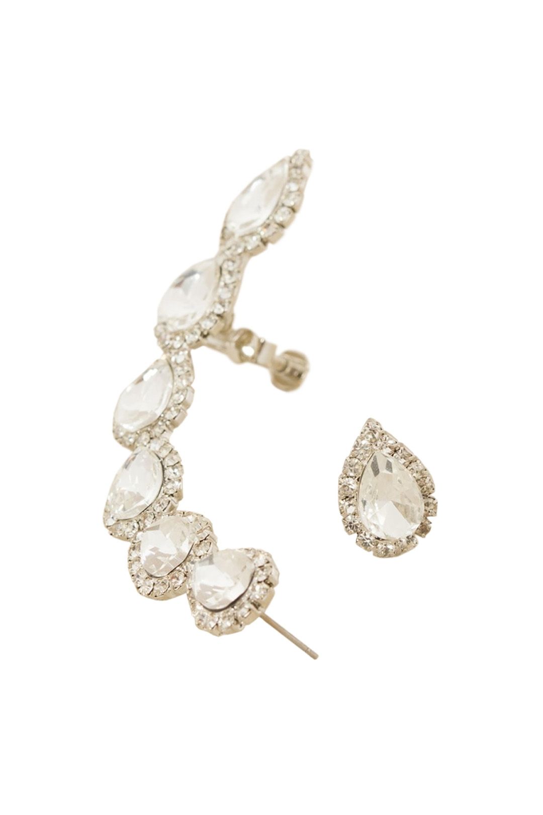 Adorne - Diamante Jewelled Teardrops Ear Cuff and Stud - Silver - Front