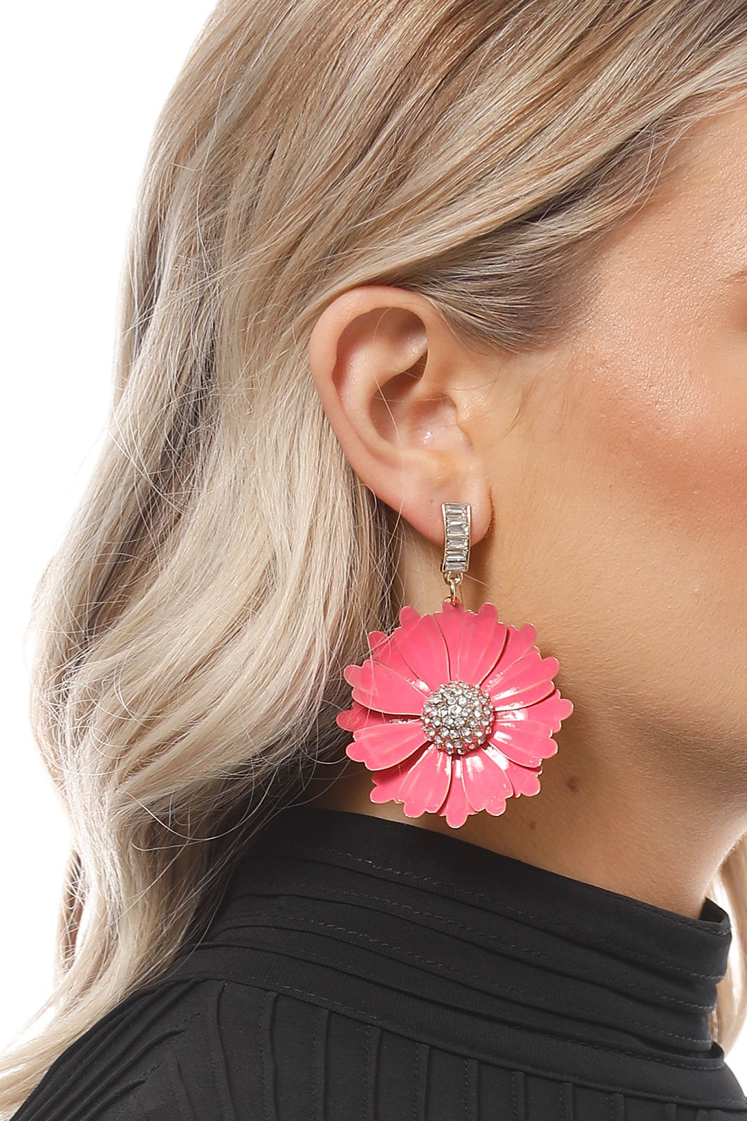Adorne - Enamel Flower Diamante Centre Drop Earrings - Pink - Product