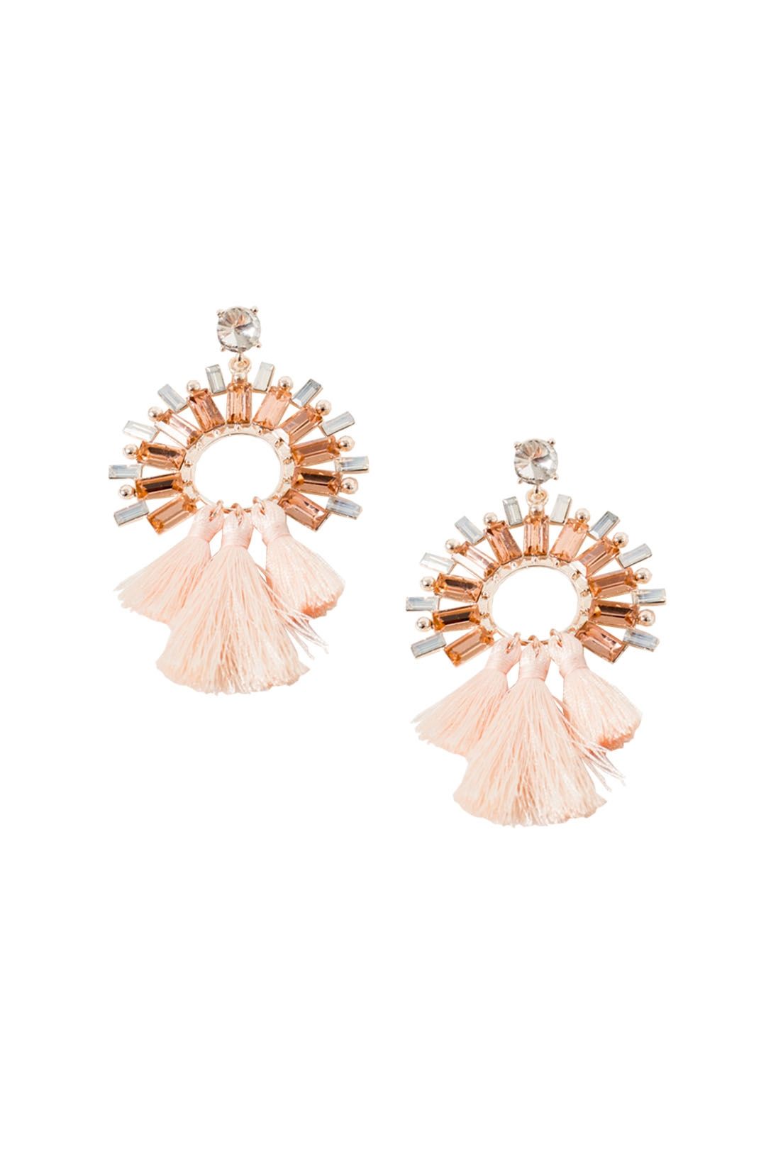 Adorne - Faced Glass Circle and Three Tassel Earrings - Rose Opal - Front