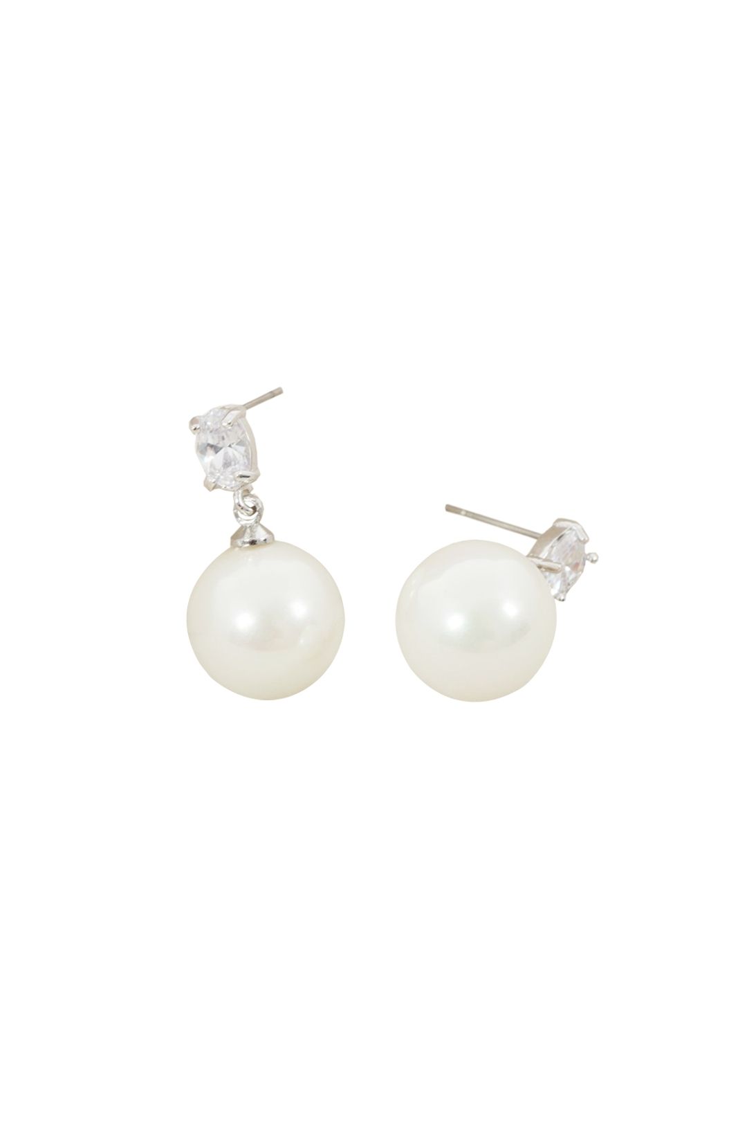 Adorne - Faux Pearl Drop Mini CZ Crystal Stud Earring - Silver White - Front