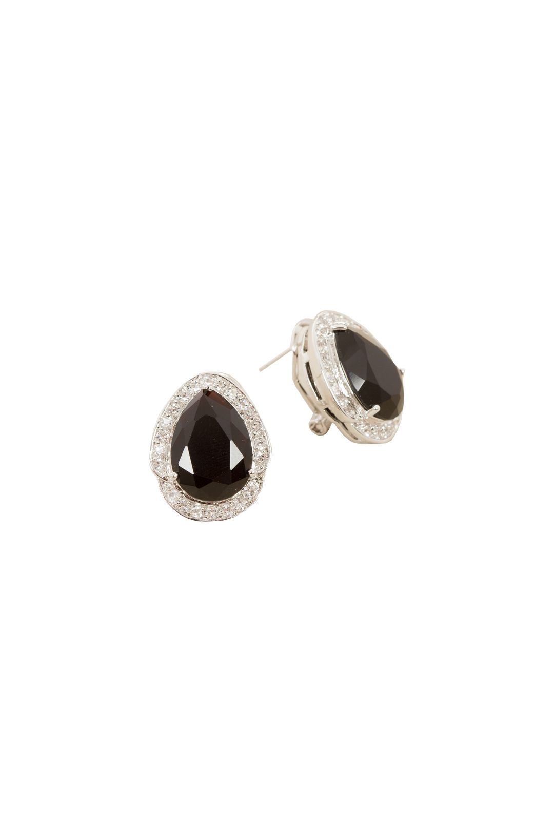 Adorne - Jewel Teardrop Diamante Edge Stud Earring - Silver Black - Front