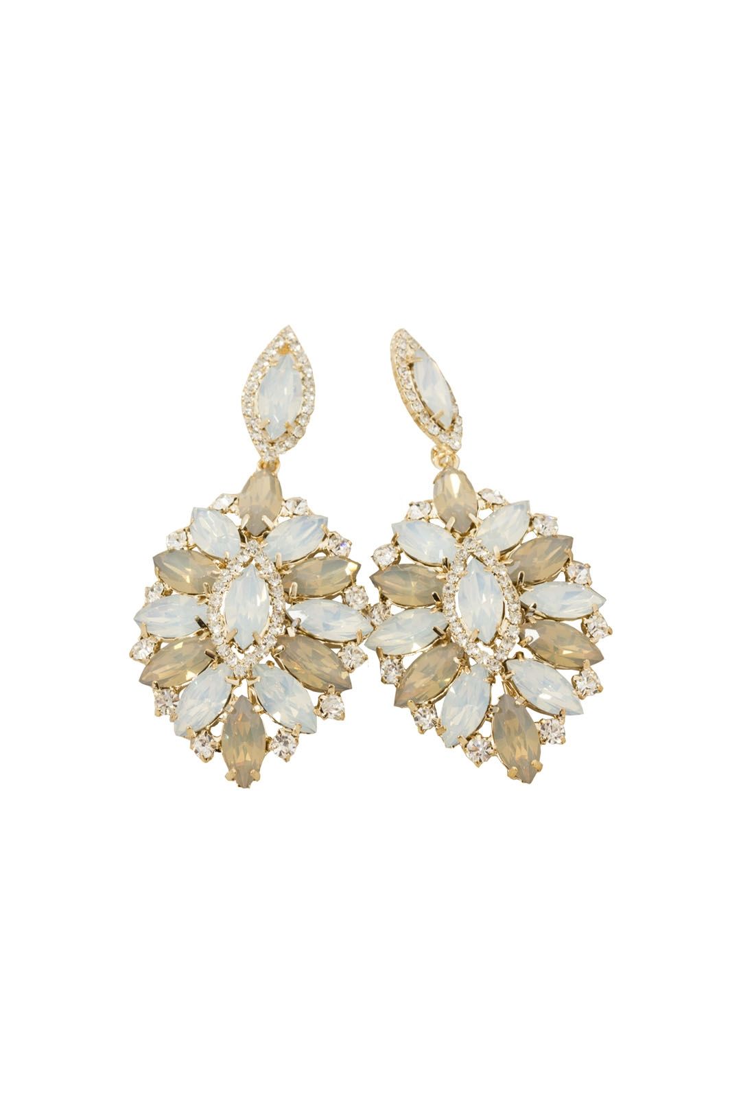 Adorne - Jewelled Petal Edge Pointed Drop Earring - White and Gold - Front