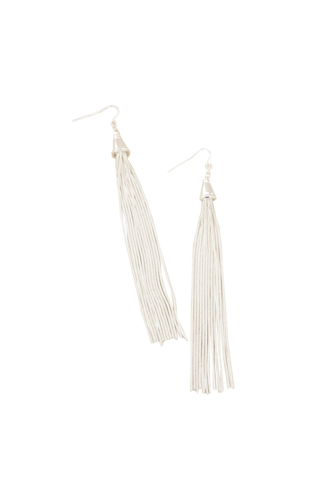 Adorne - Long Fine Tassel Earring - Silver - Front