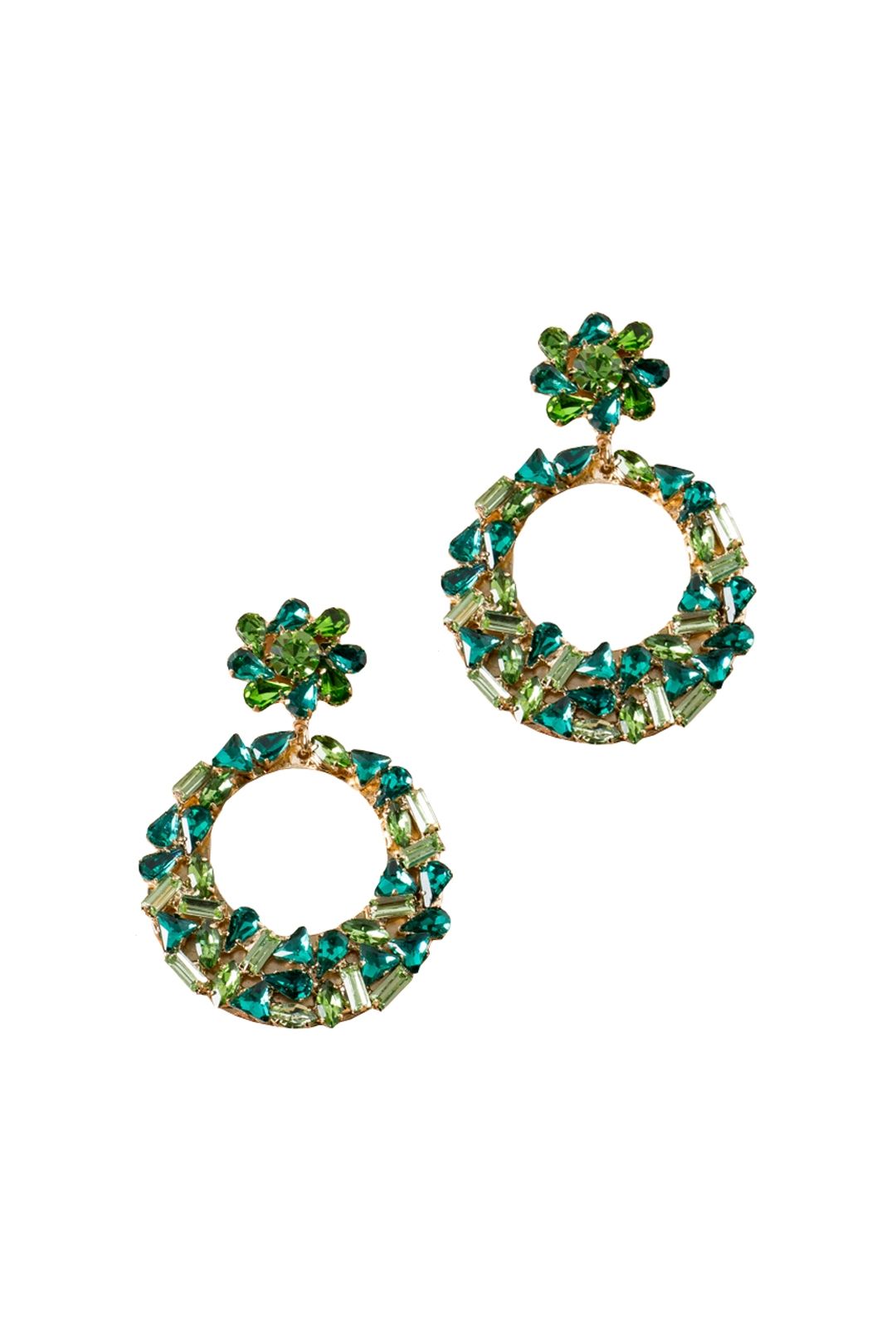Adorne - Mixed Jewel Flower and Ring Drop Earring - Green Gold - Front