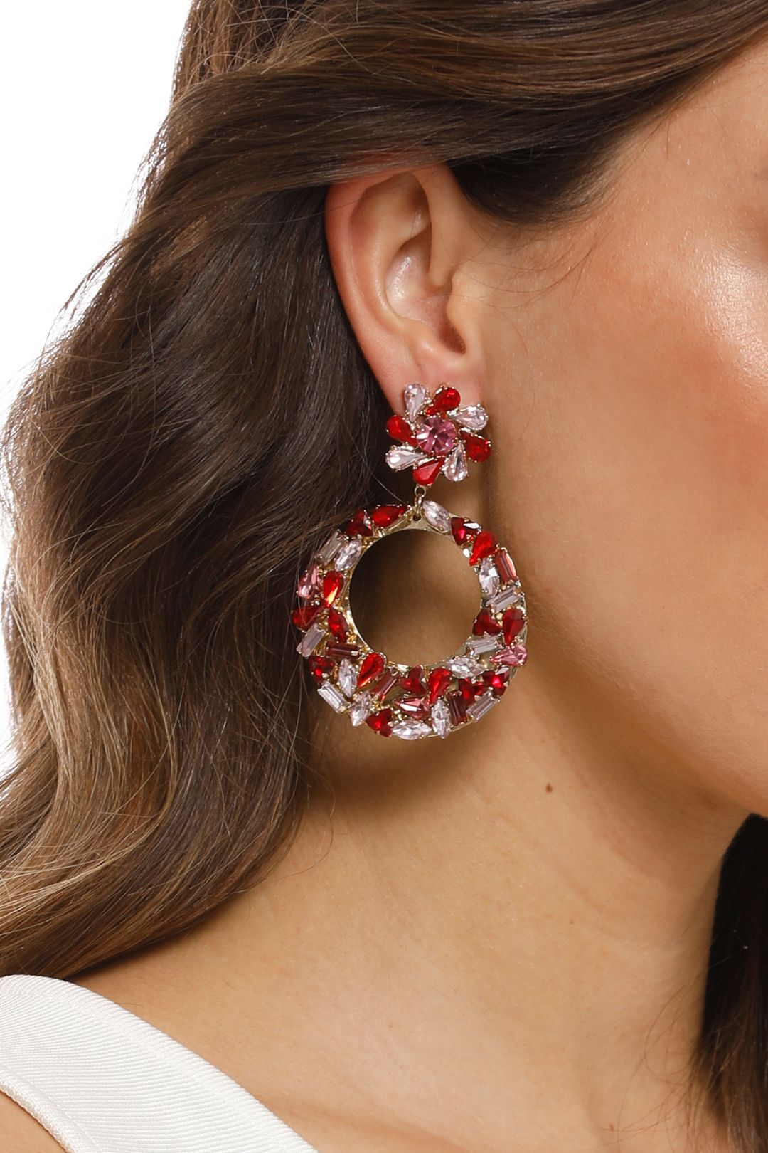 Adorne - Mixed Jewel Flower and Ring Drop Earring - Red - Product