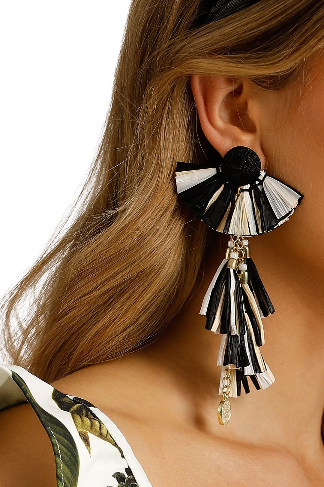 Adorne - Raffia Disc and Chain Tassel Drop Earring - Black - Product