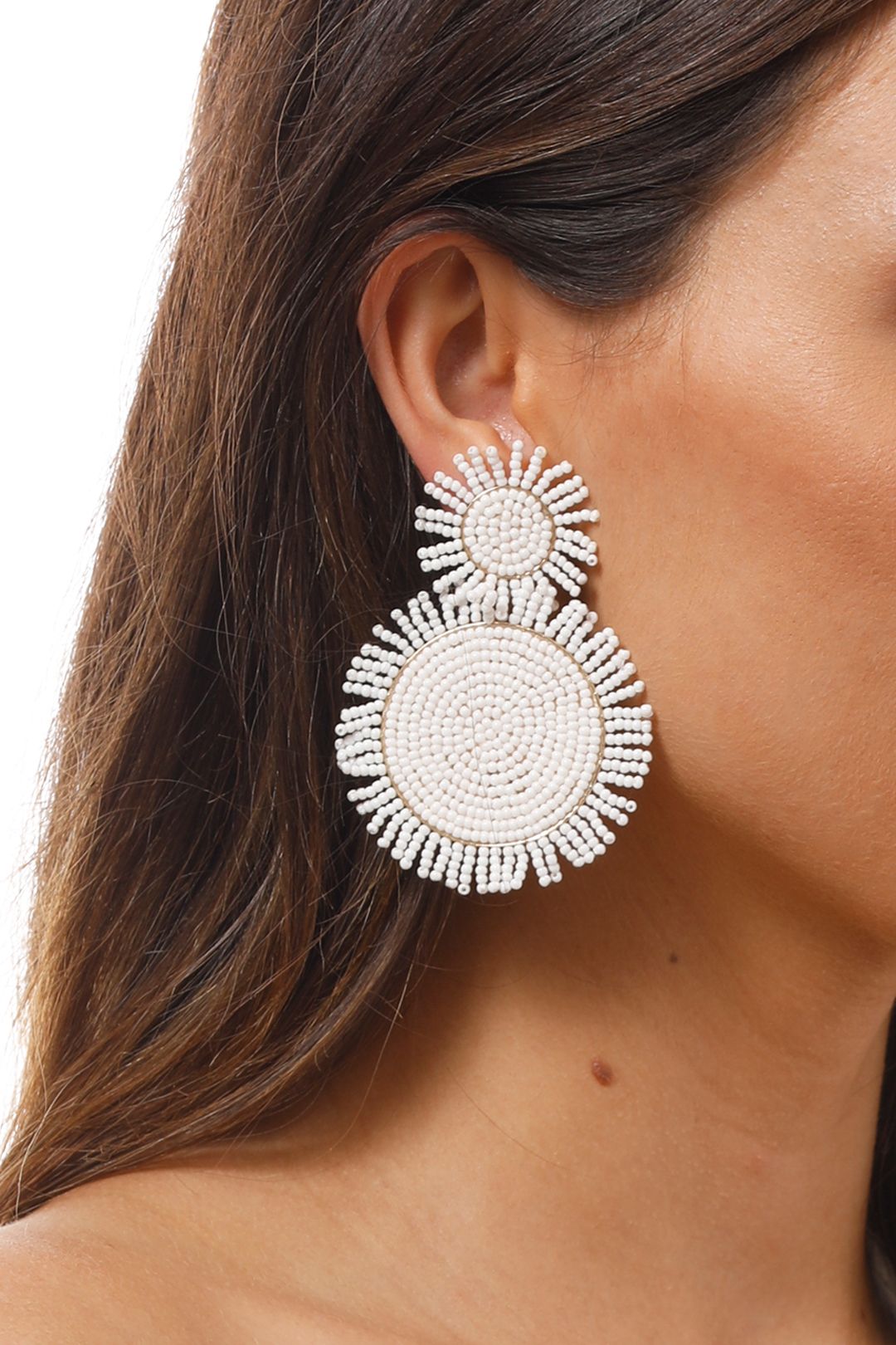 Adorne - Seed Bead Disc and Fringe Edge Drop Earring - White - Product Image