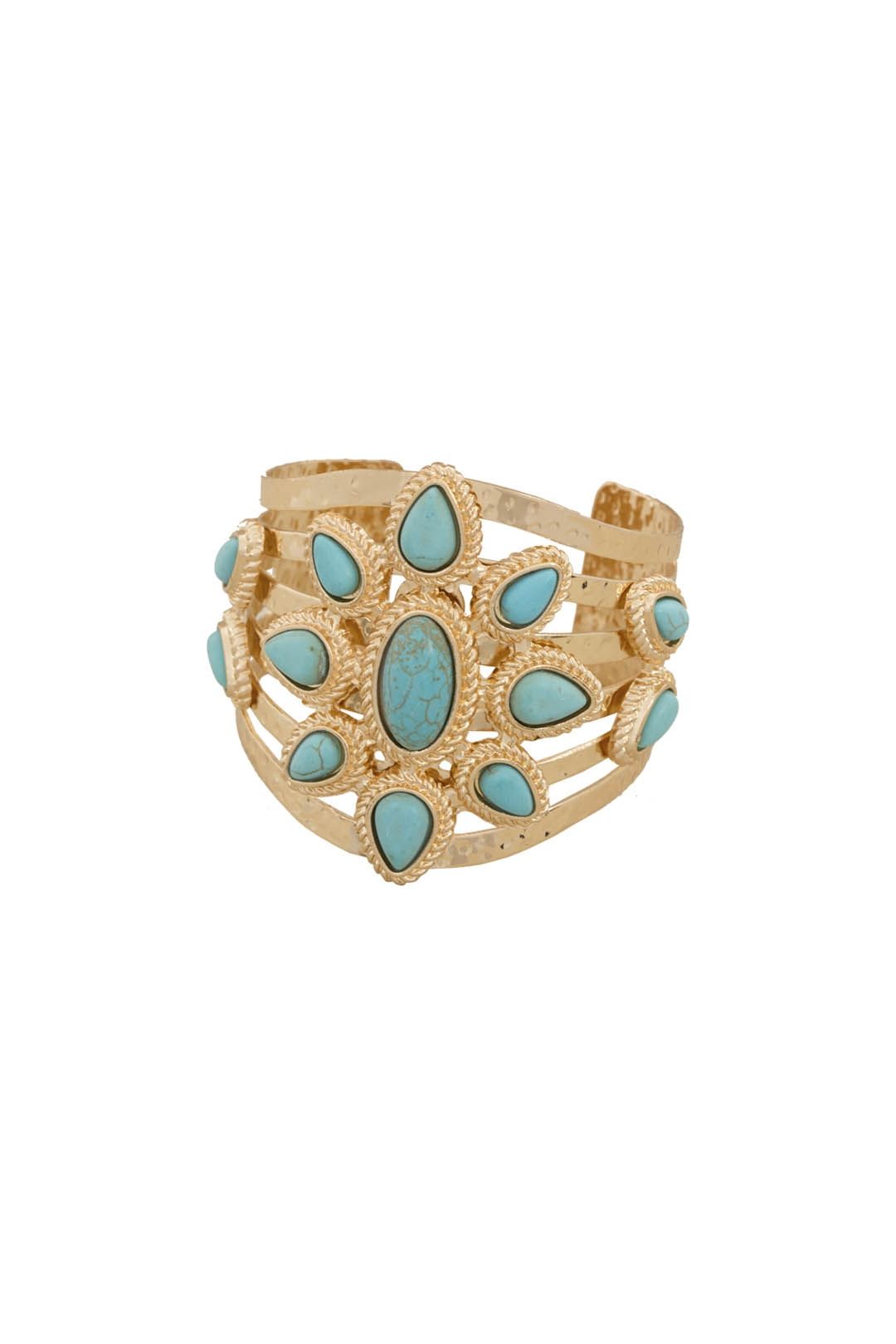 Adorne - Stone Teardrop Flower Cut-Out Metal Cuff - Blue and Gold - Front