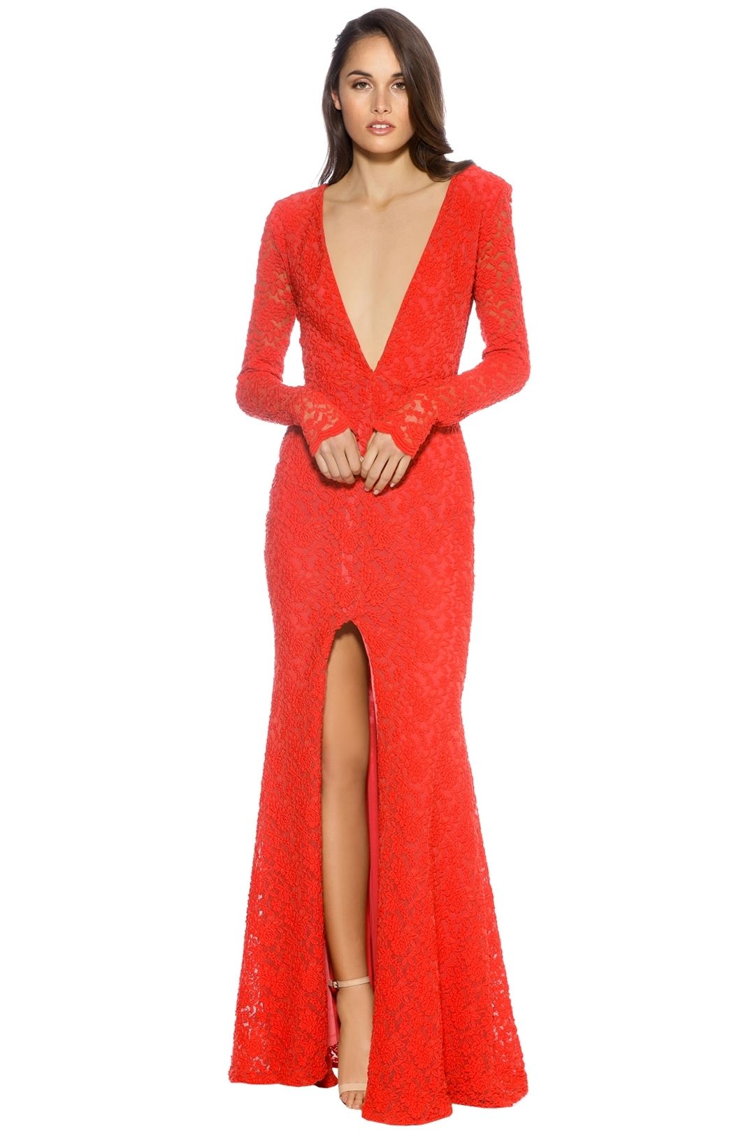 Ae'lkemi - V Plunge Red Long Sleeve Gown - Red - Front