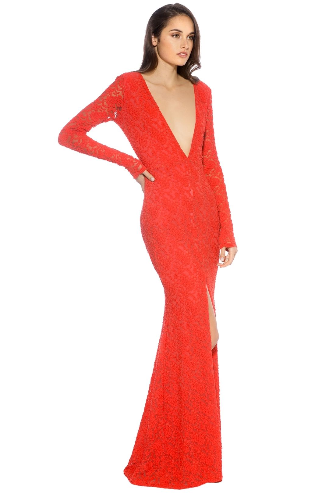 Ae'lkemi - V Plunge Red Long Sleeve Gown - Red - Side
