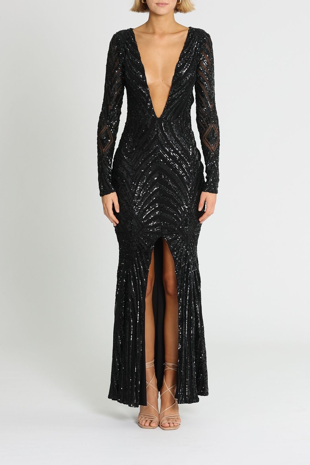 Ae'lkemi Art Deco Sequin Gown Black 