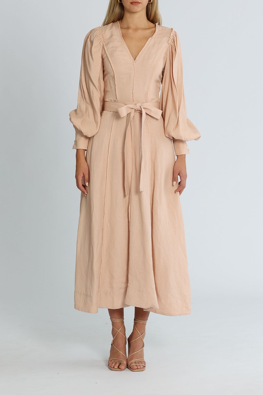 Women Puff Sleeve Maxi Long Dress A-Line Belted Midi Dresses Solid Color Tie Back Knitted Sweater Dress Night Wear