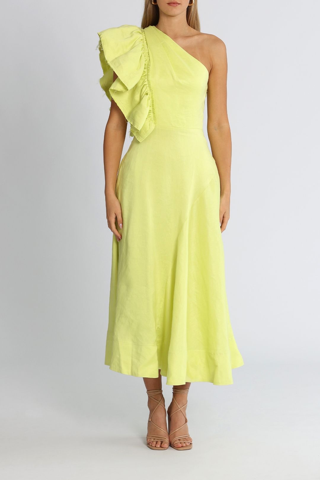 AJE Bonjour Asymmetric Midi Dress Lime Green