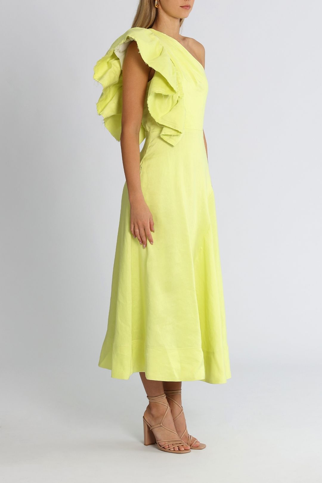 AJE Bonjour Asymmetric Midi Dress Lime Green One Shoulder