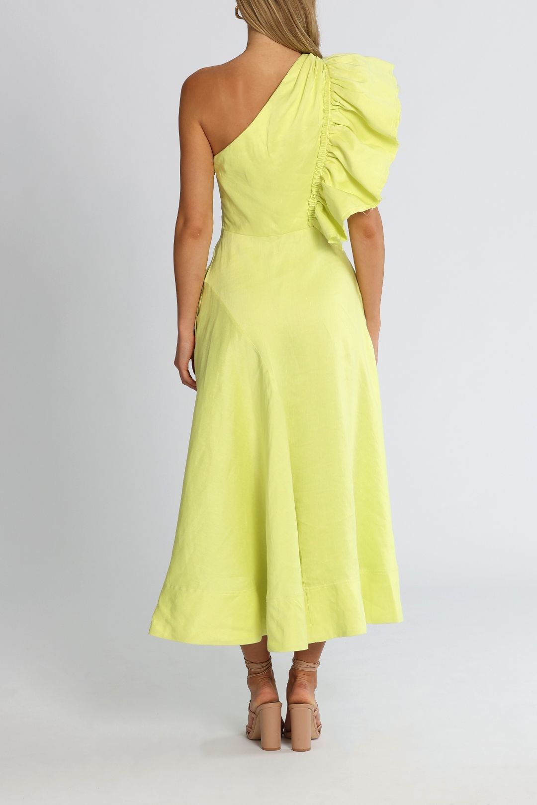 AJE Bonjour Asymmetric Midi Dress Lime Green Ruffle