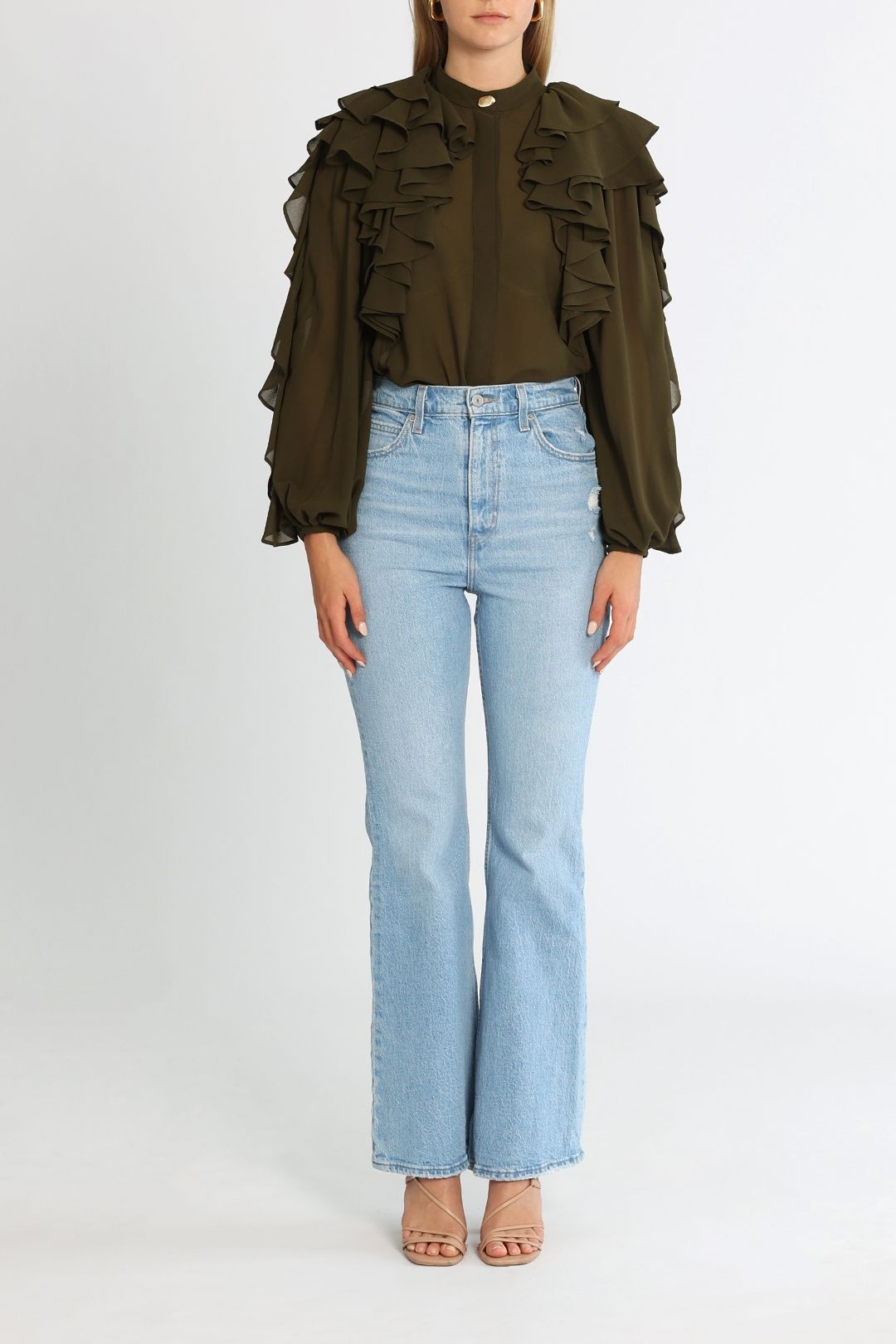 AJE Cascade Ruffle Sleeve Shirt Khaki