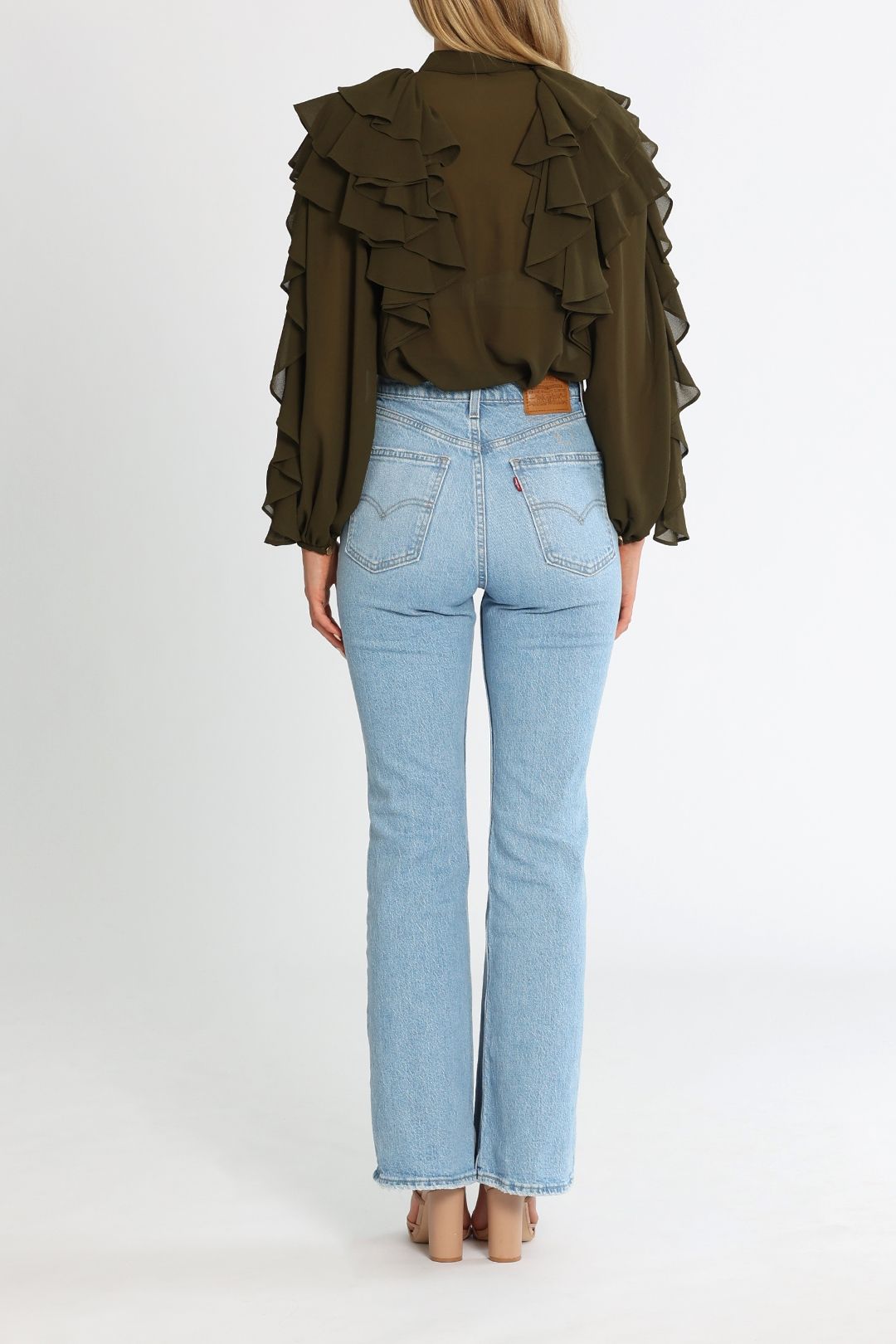 AJE Cascade Ruffle Sleeve Shirt Khaki Relaxed Fit