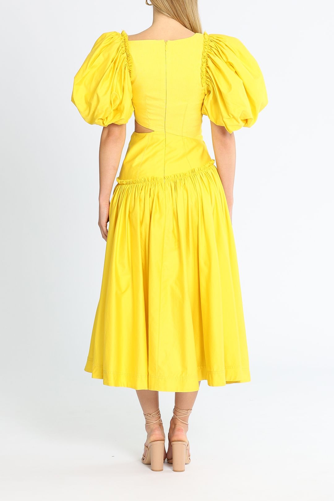 AJE Chateau Cut Out Midi Dress Yellow Balloon Sleeves