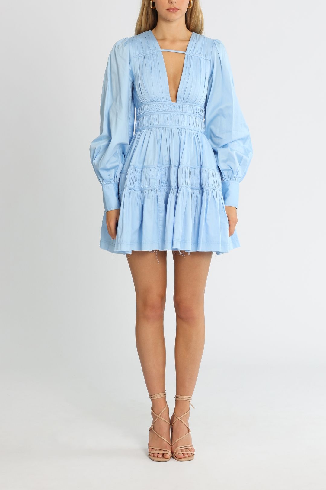 Hire Fallingwater Gathered Mini Dress in Powder Blue AJE GlamCorner