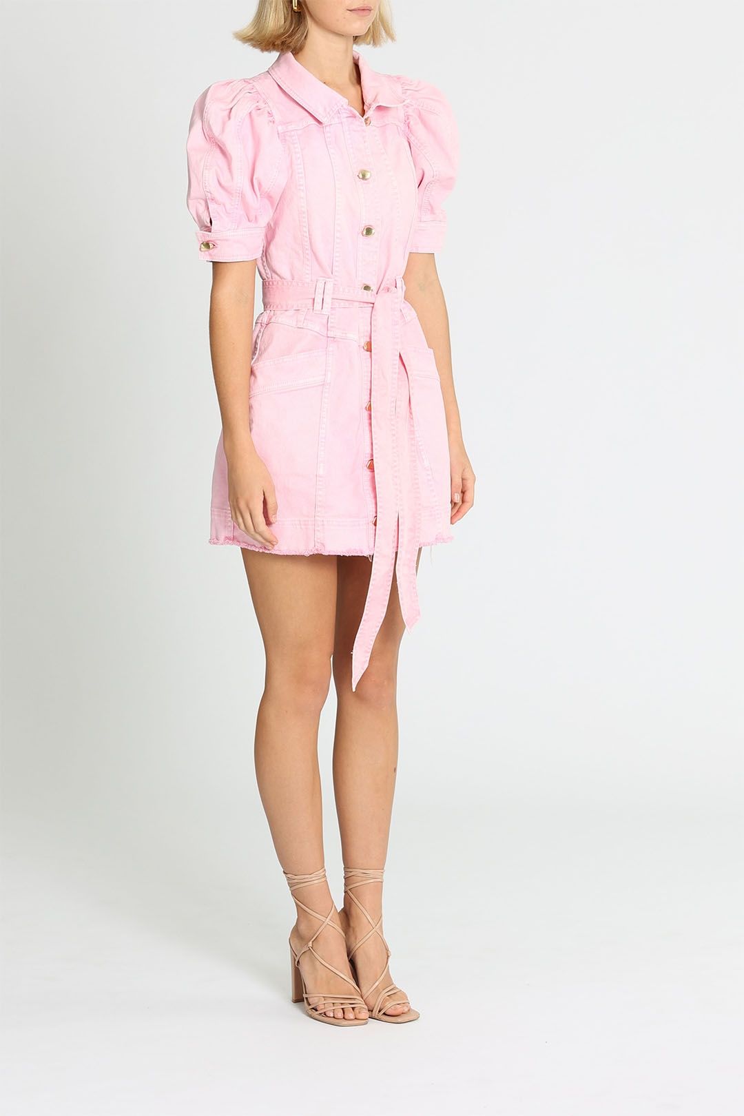 Aje Flora Denim Puff Sleeve Mini Dress Pink