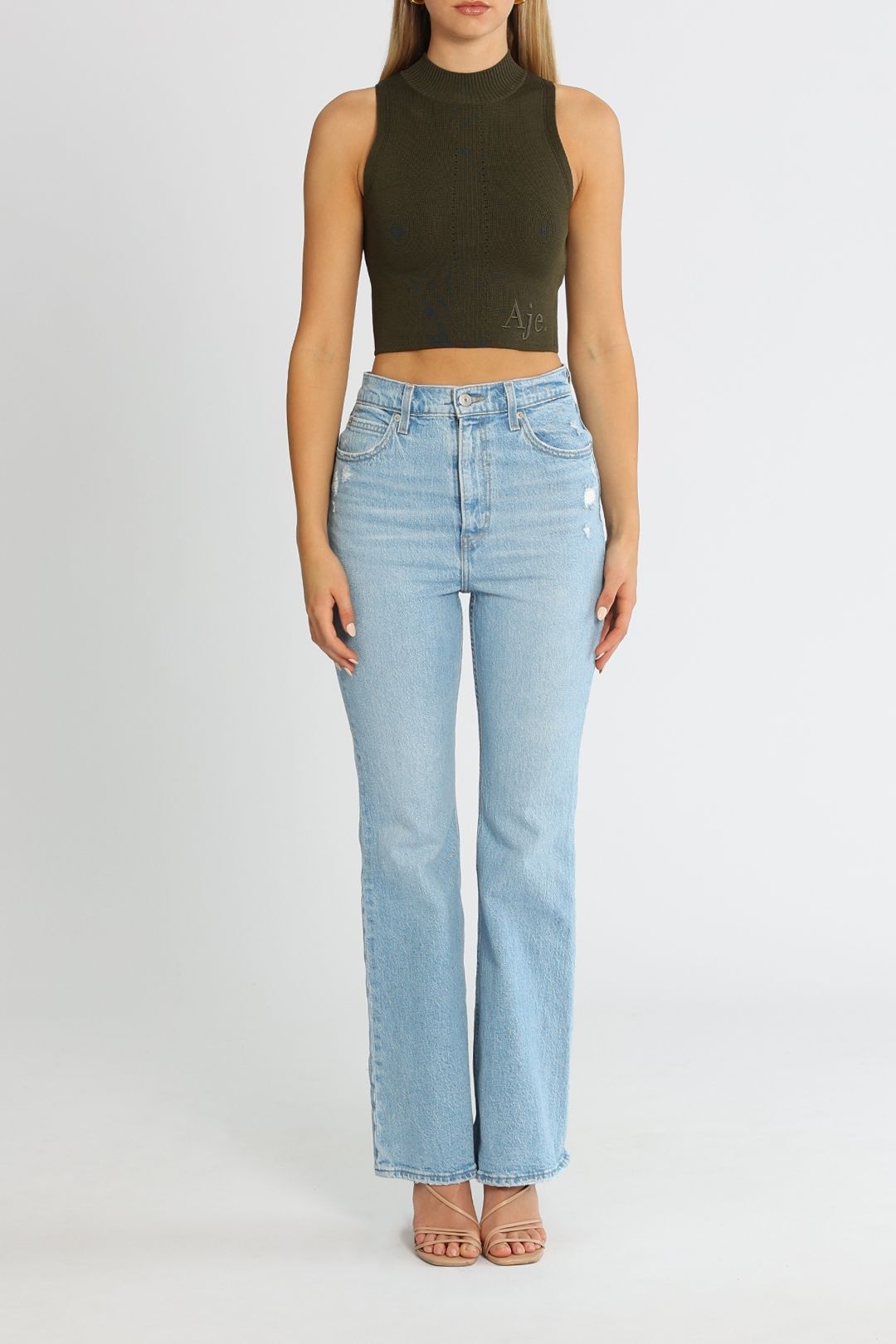 AJE Lena Logo Crepe Knit Tank Khaki