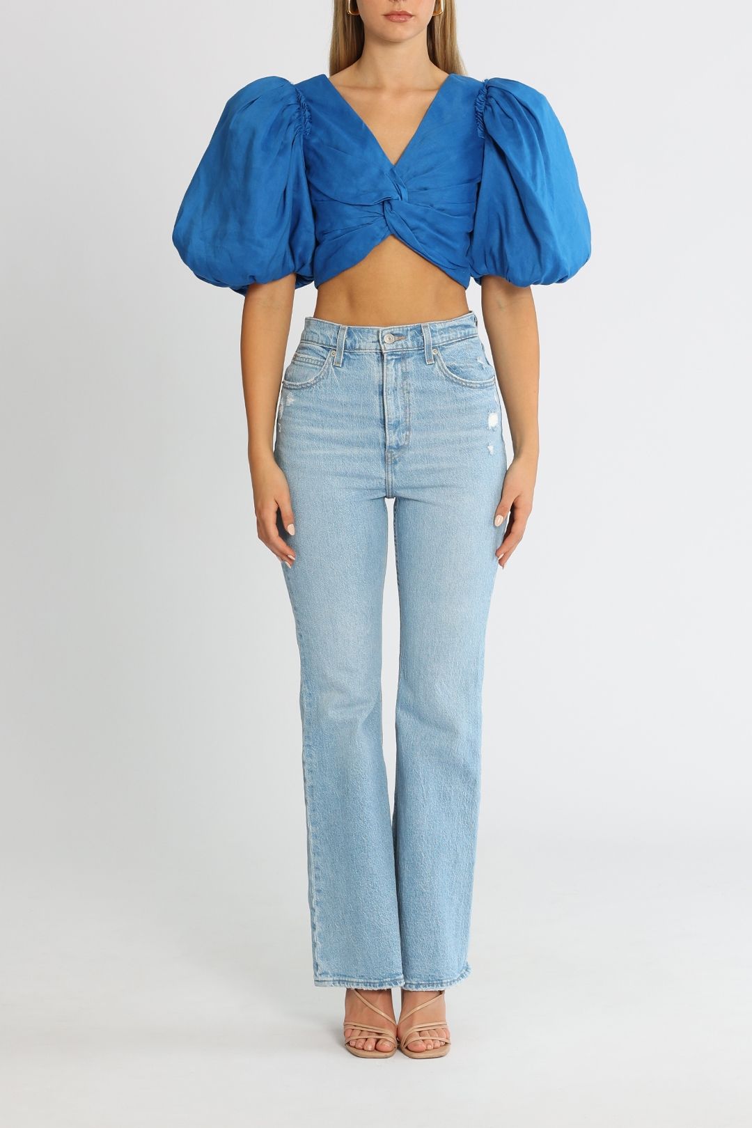 AJE Reverb Puff Sleeve Cropped Top Cobalt Blue
