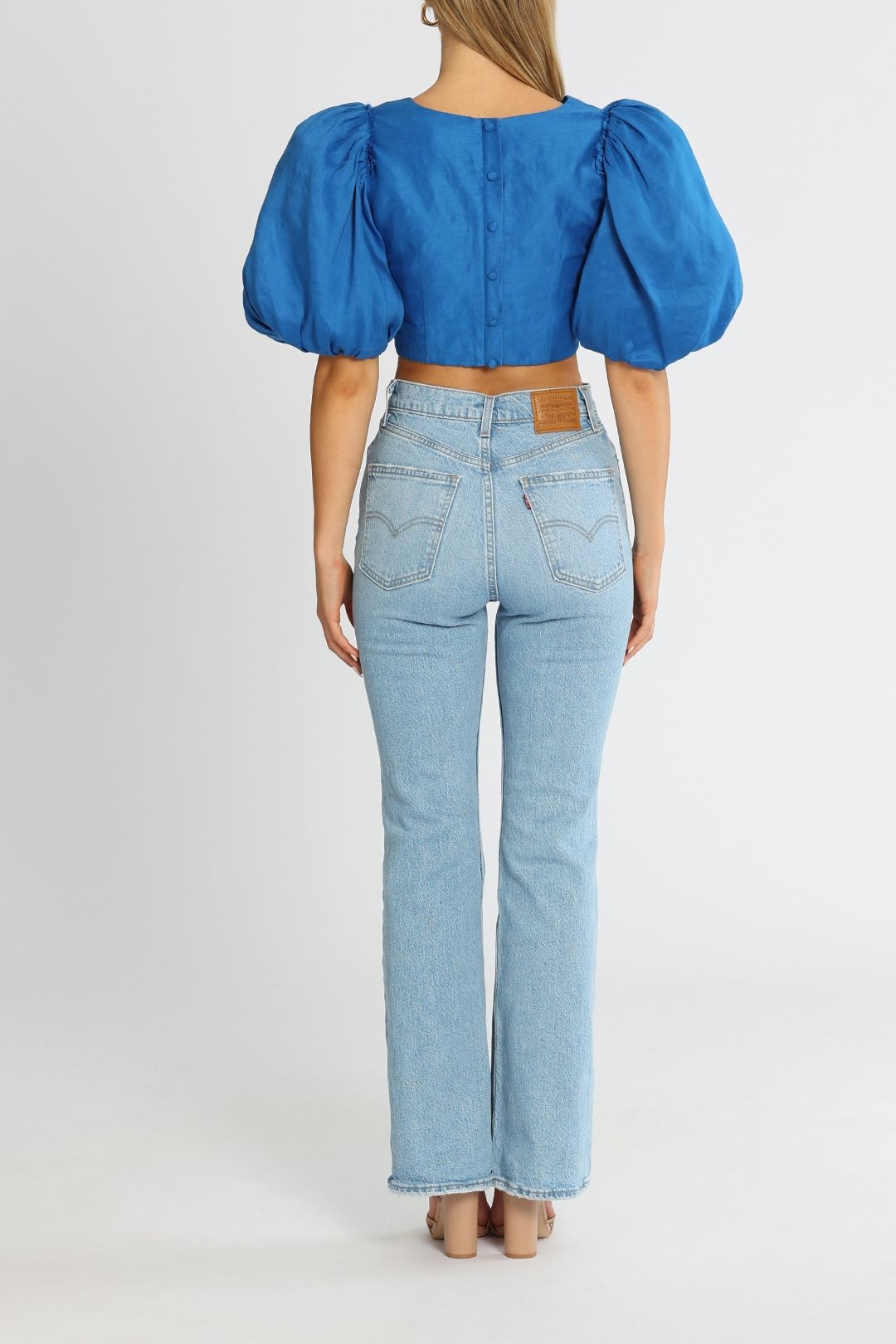 AJE Reverb Puff Sleeve Cropped Top Cobalt Blue Button Closure