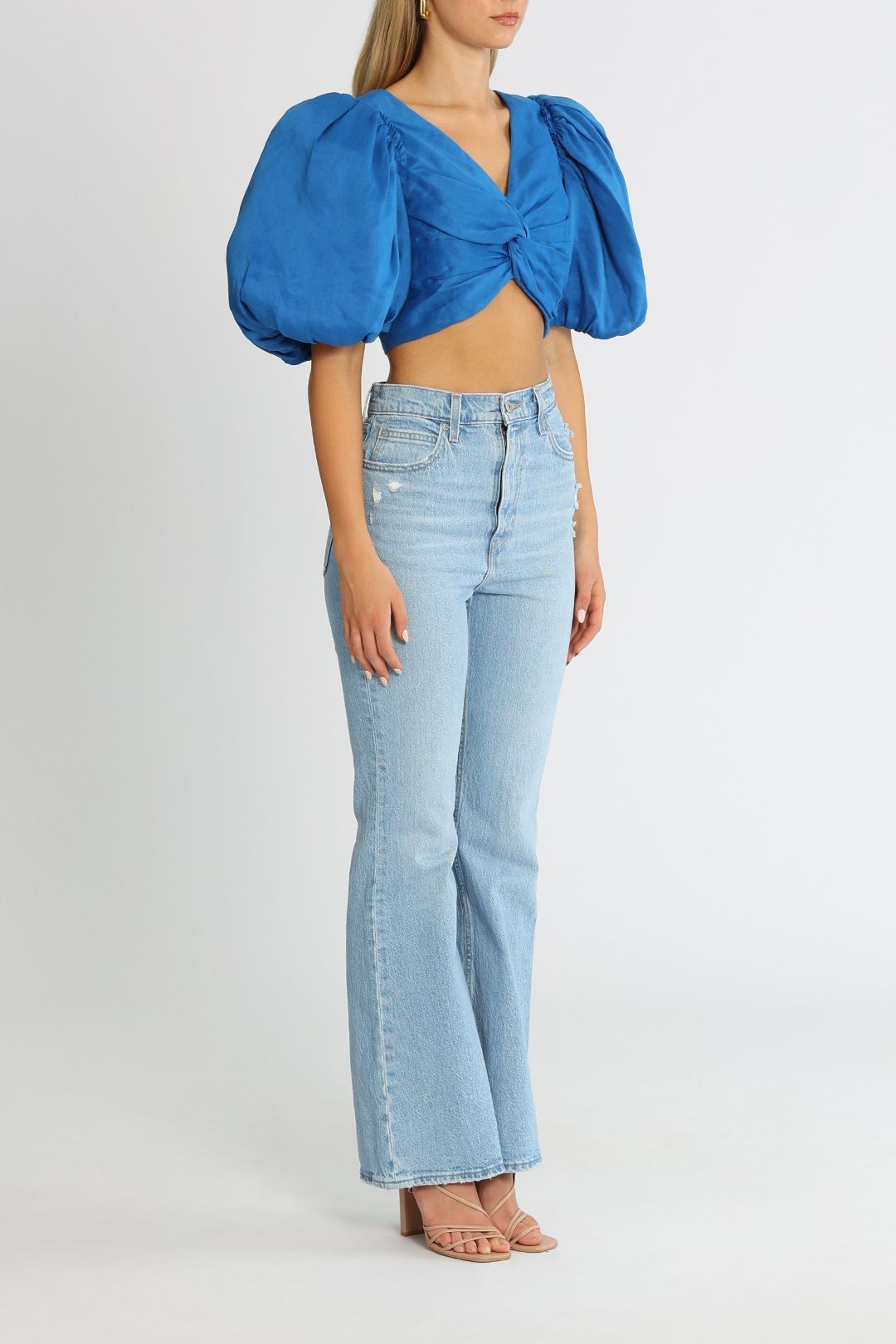 AJE Reverb Puff Sleeve Cropped Top Cobalt Blue Front Twist Detail