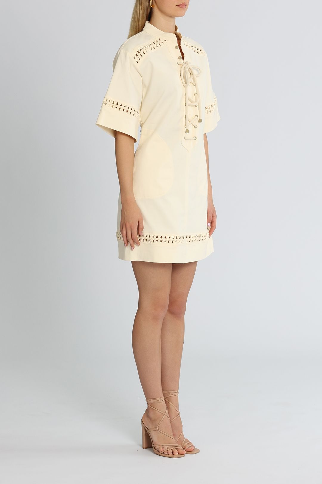 Alemais Carlos Lace Up Mini Dress Pearl Flared Sleeves
