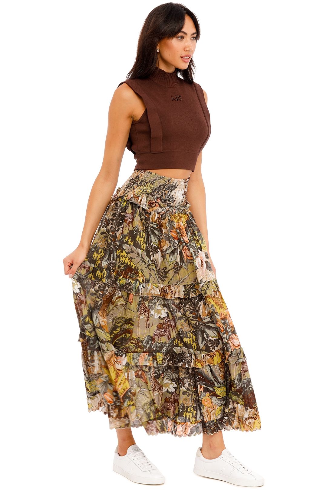 Alemais Leandra Shirred Waist Skirt Khaki Floral