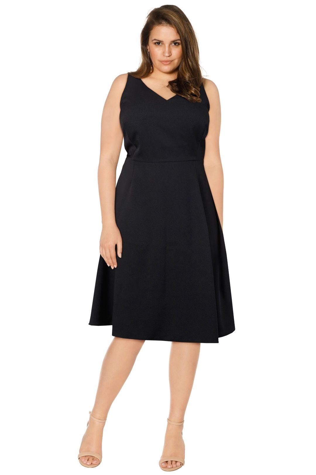 Anna Scholz - Crepe Tailoring V Neck Swing Dress - Black - Front