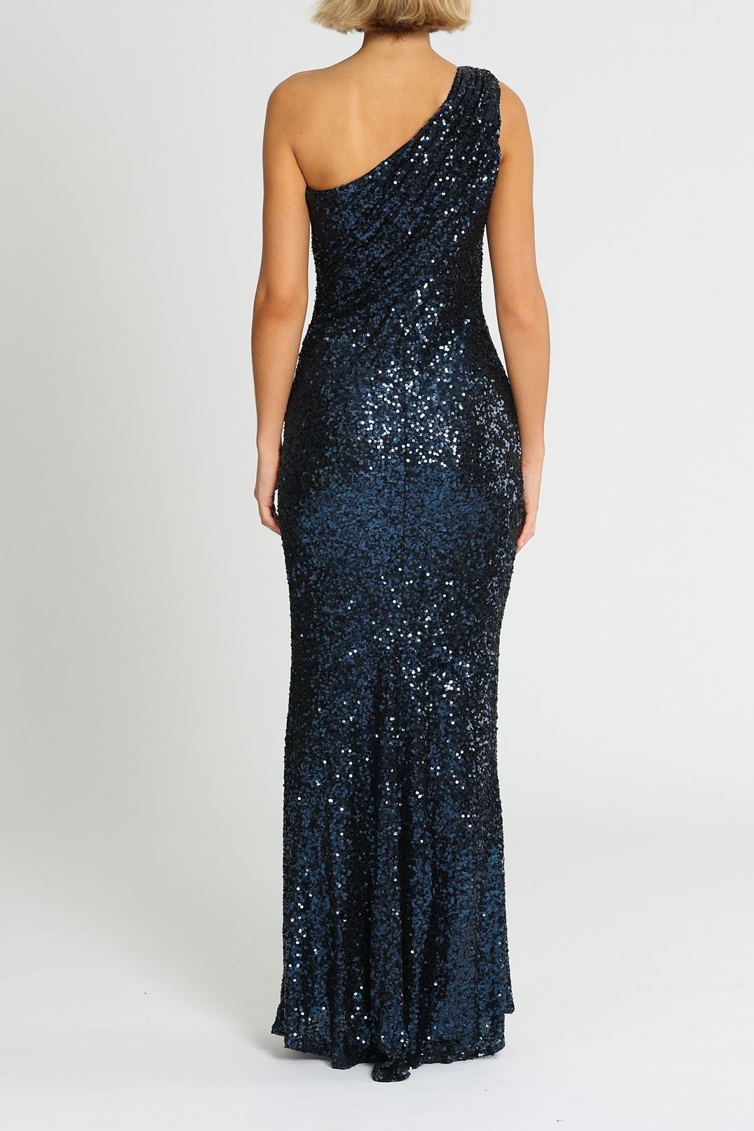 Badgley Mischka Navy Sequin Gown One Shoulder