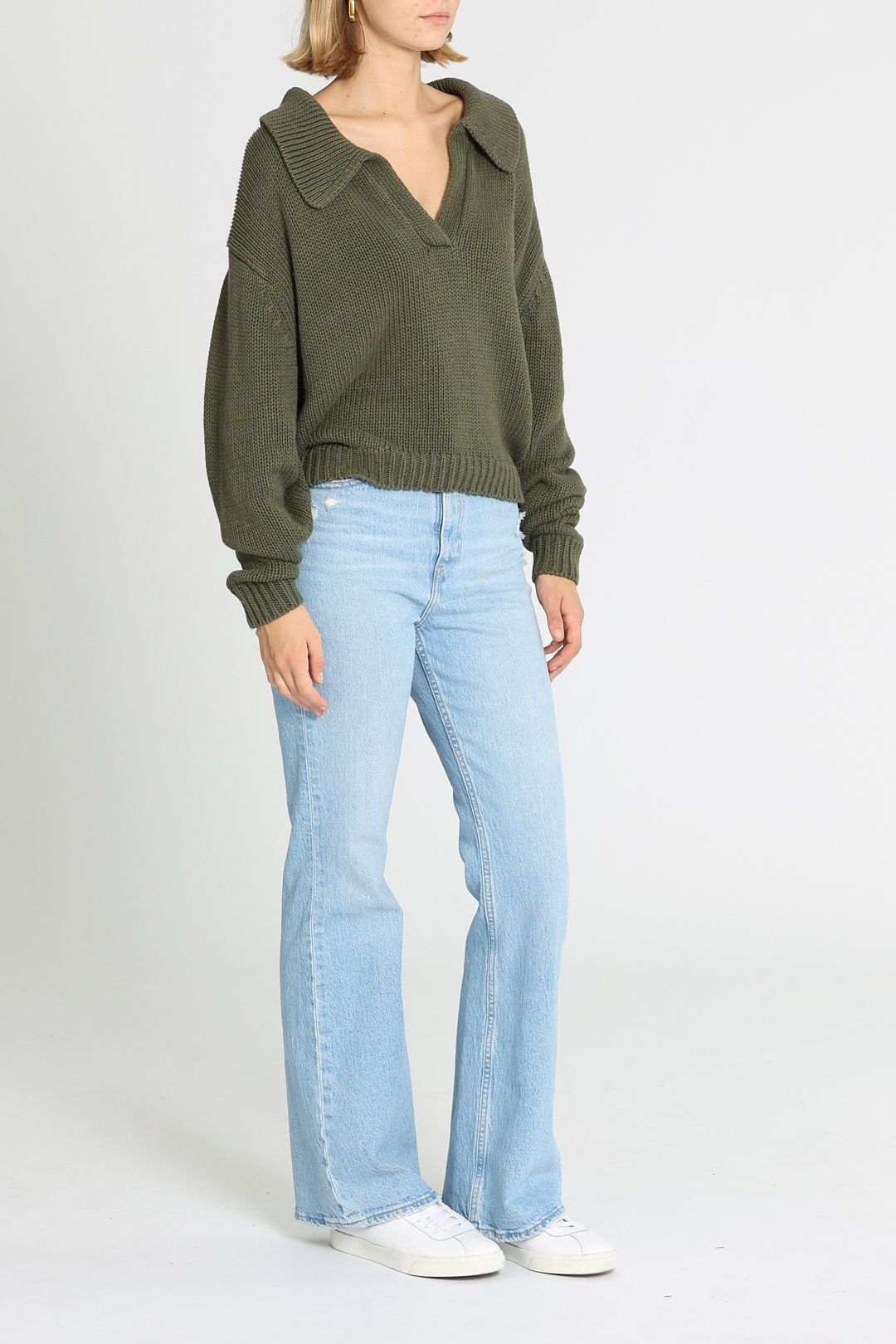 Bassike Boxy Cotton Polo Knit Khaki V Neck