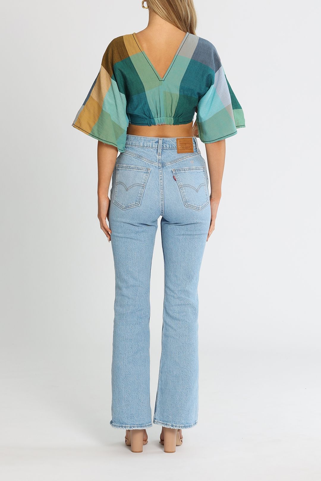 Bassike Check Tie Front Crop V Neck