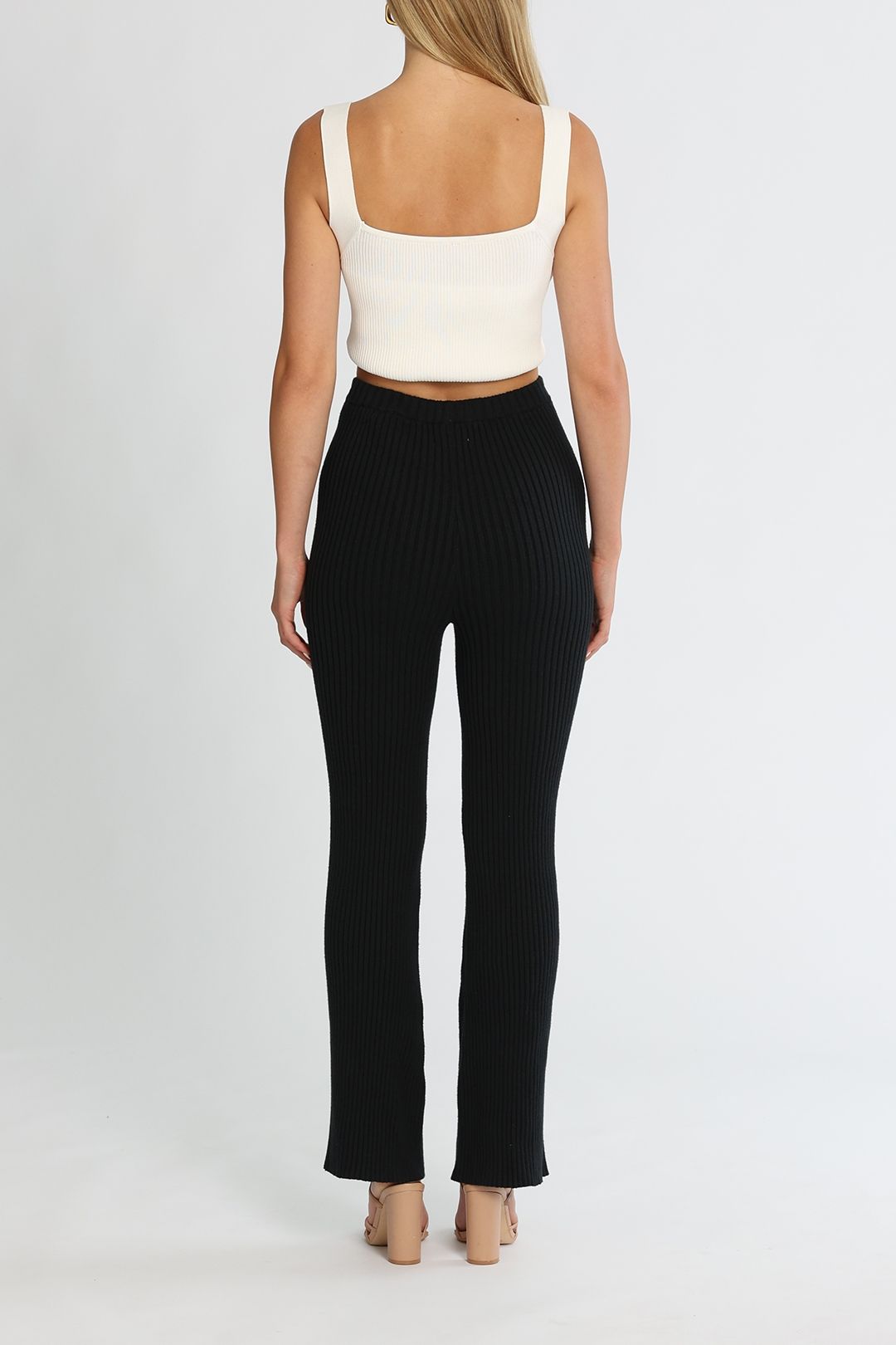 Bassike Ribbed Split Hem Tight Black Straight Leg