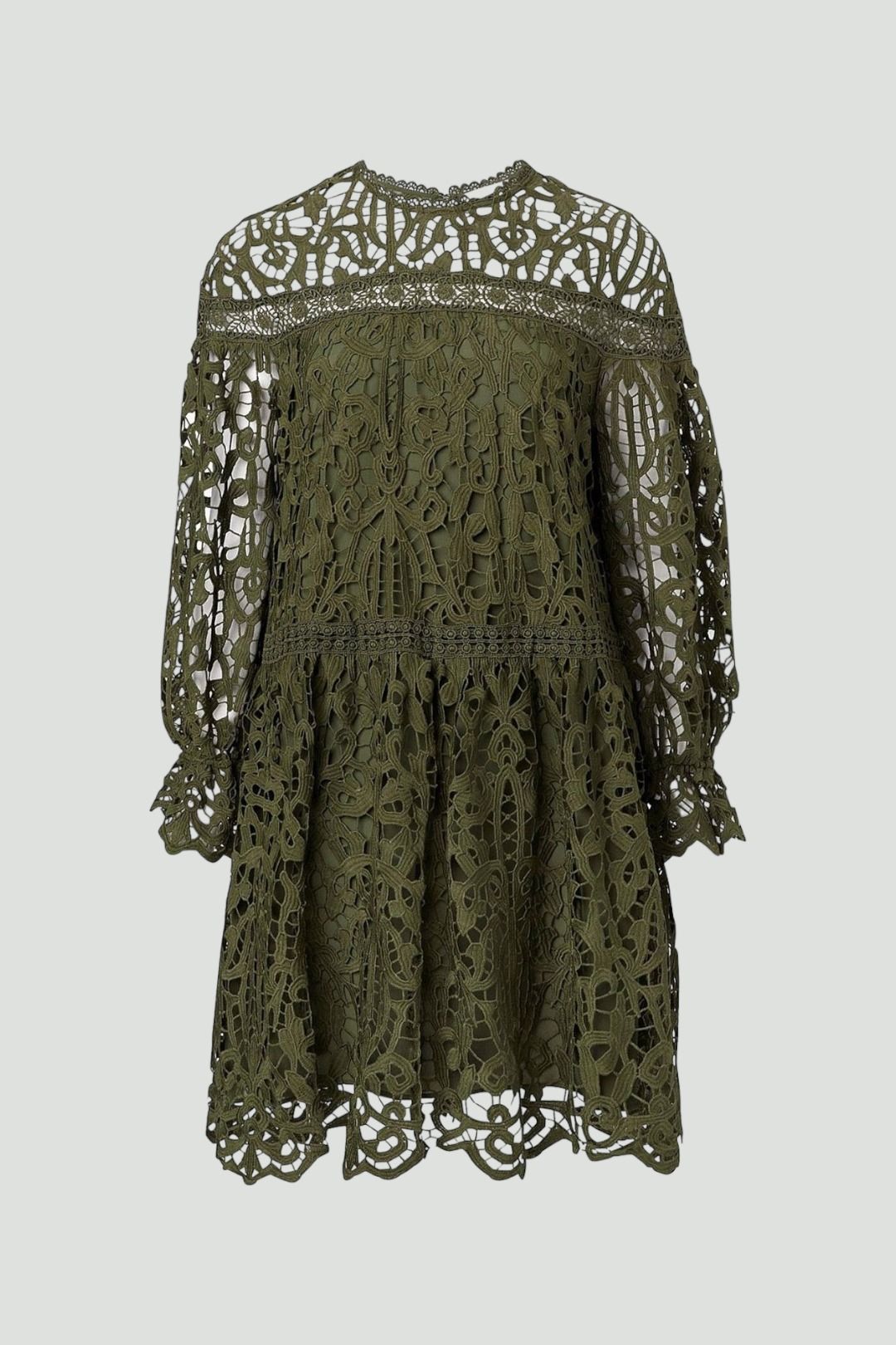 Battenburg Flowy Tiered Lace Mini Dress in Green