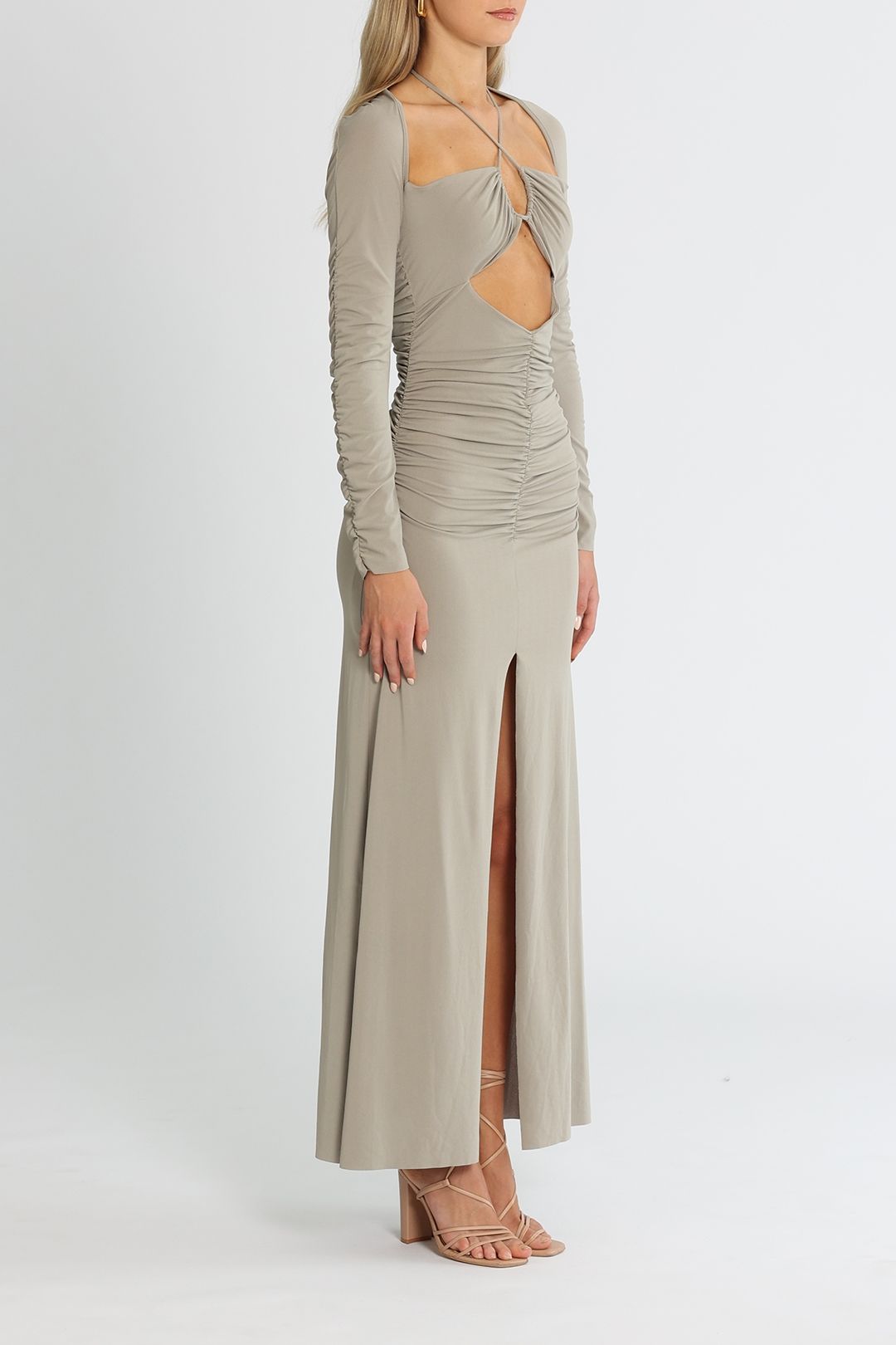 Hire Adaline Long Sleeve Maxi Dress in Taupe Bec and Bridge GlamCorner