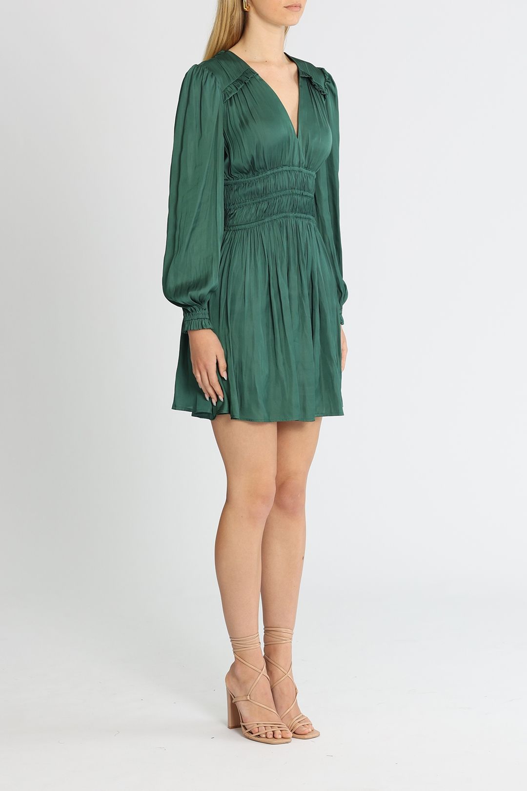 Belle and Bloom Shine Bright Ruched Mini Dress Green V Neckline