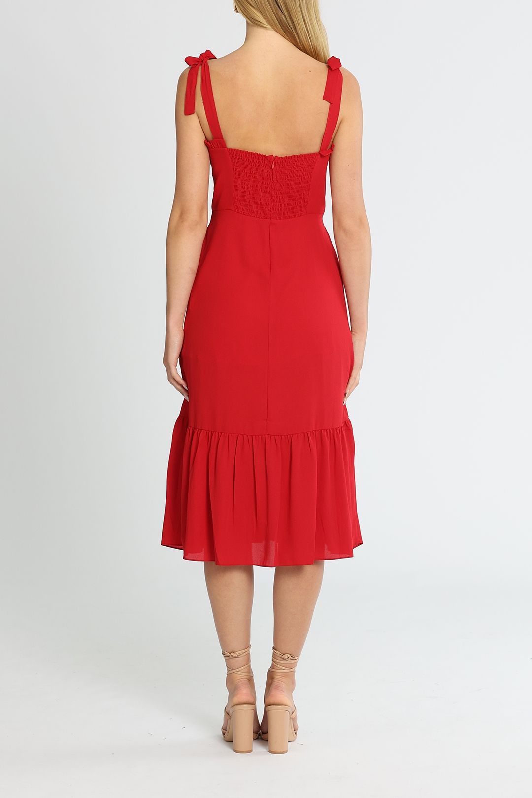 Belle and Bloom Summer Storm Midi Dress Red Shirred Back