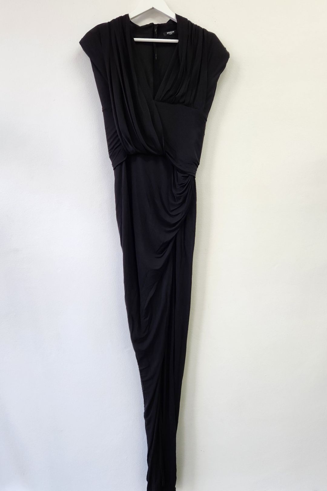Balmain Black Draped Jersey Column Gown