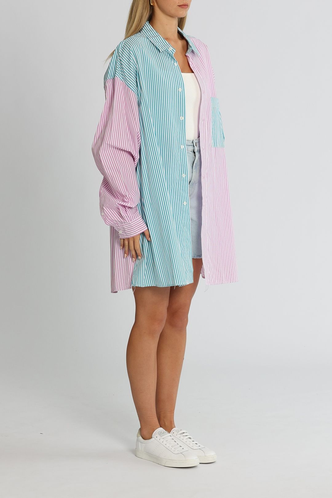 Blanca Benny Shirt Aqua Purple Stripe Long Balloon Sleeves