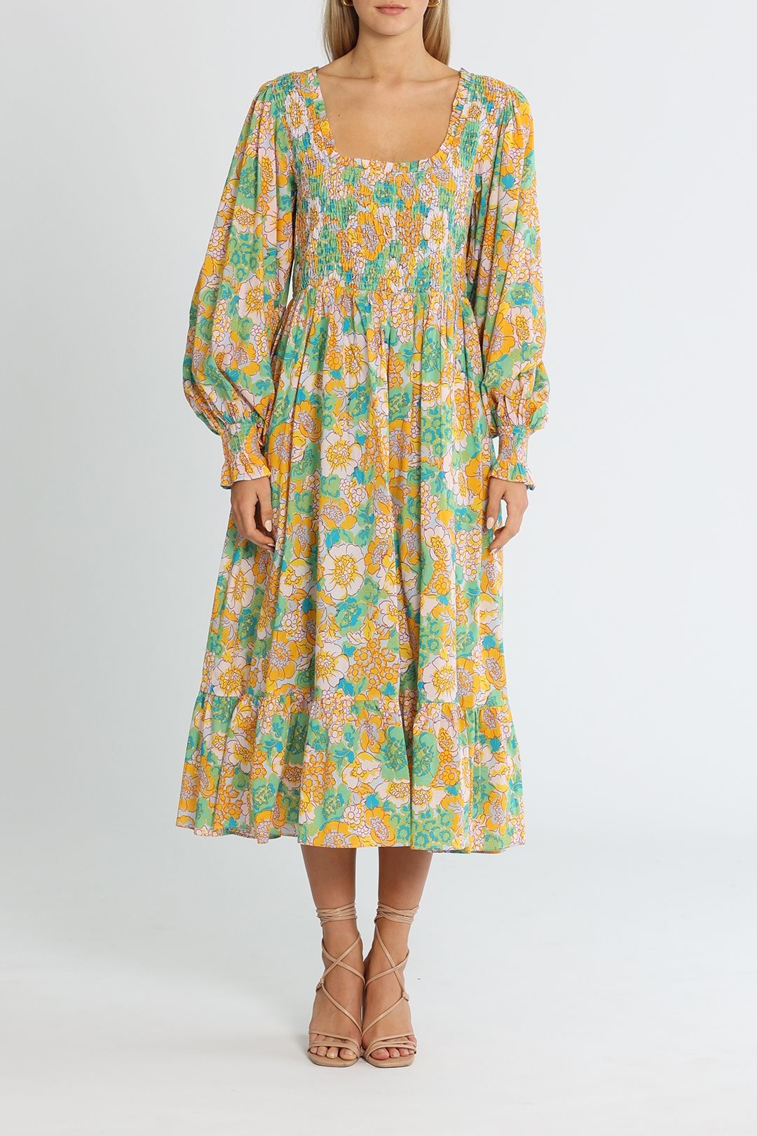 Bohemian Traders Shirred Bodice With Square Neckline Midi Dress Multi Cotton Voile